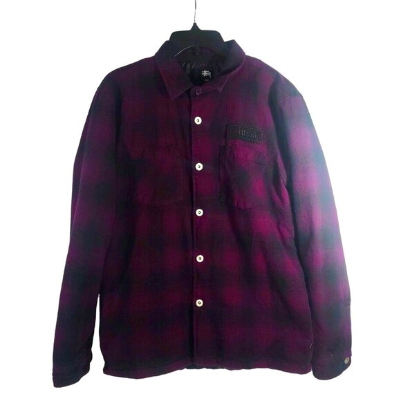 Stussy Men Large Vintage Quilted Lined Logo Flannel Shacket Jacket Purple Black - Picture 1 of 9